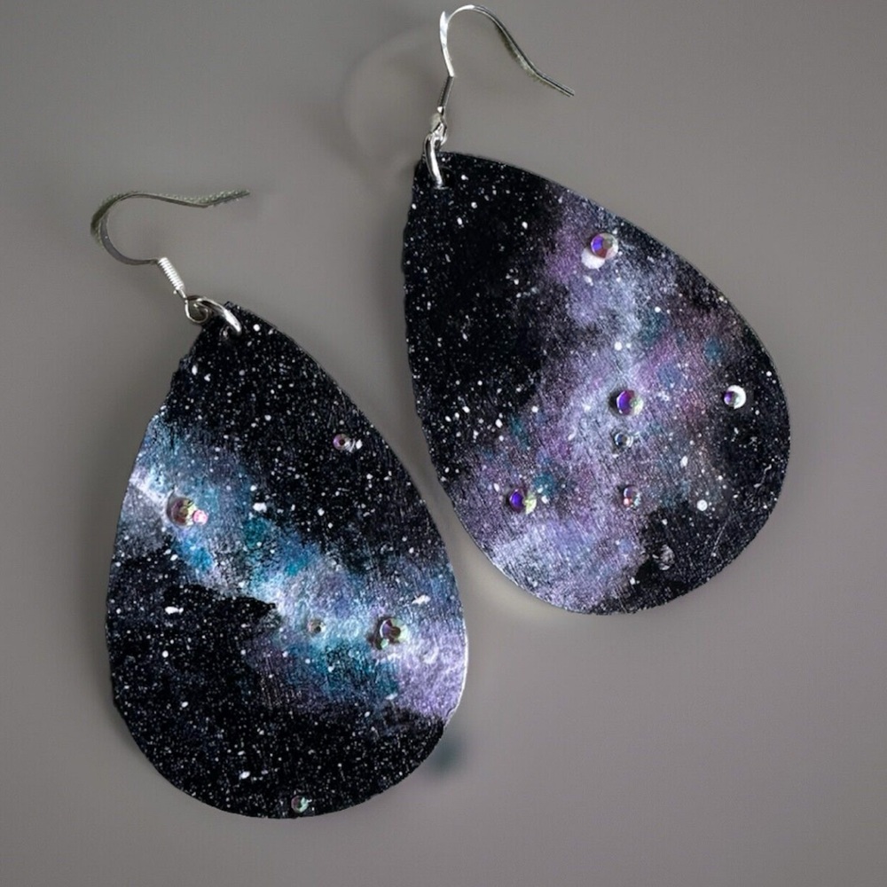 Hand painted light weight wood galaxy stars earrings